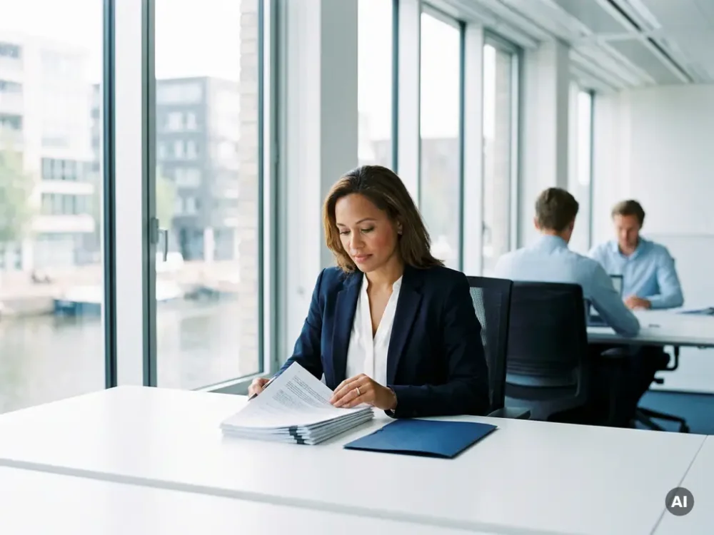 Professional woman reviewing policy documents at a white desk in a sunlit Amsterdam office, colleague visible in background.
