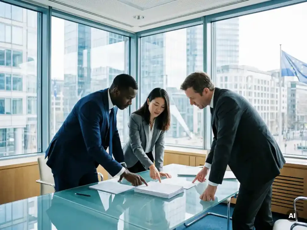 Three professionals reviewing policy documents at a glass conference table, EU flag visible through floor-to-ceiling windows overlooking a city skyline.