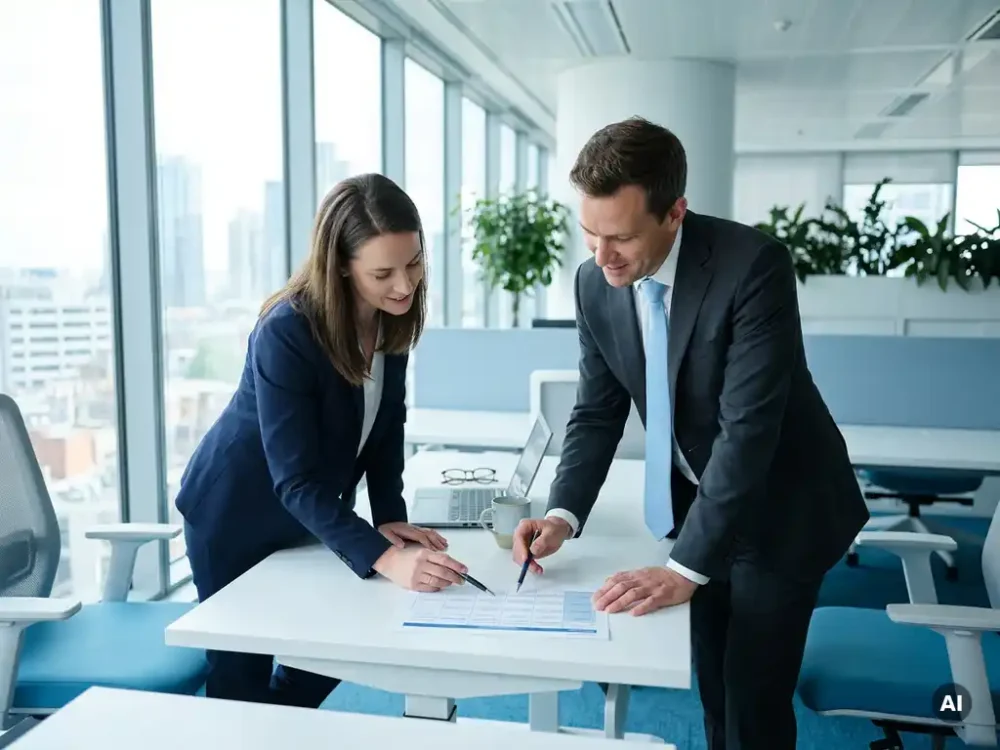 HR manager and colleague reviewing a structured document together at a modern office desk in natural daylight.