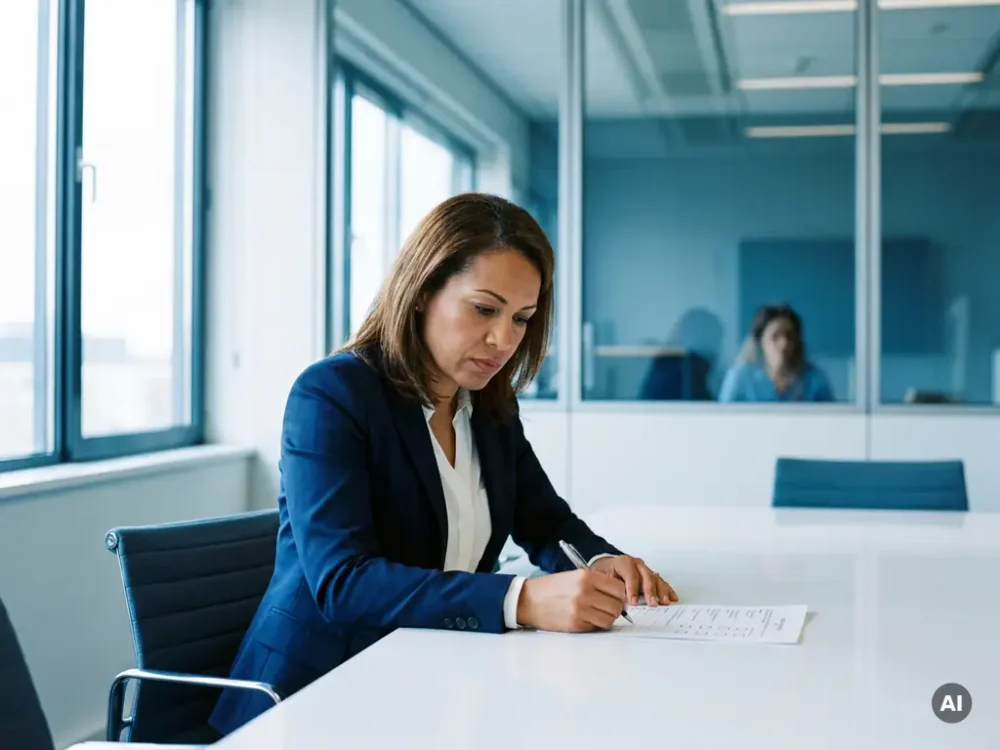 HR professional in navy suit reviewing document checklist at white conference table, colleague visible through glass office walls in natural daylight.