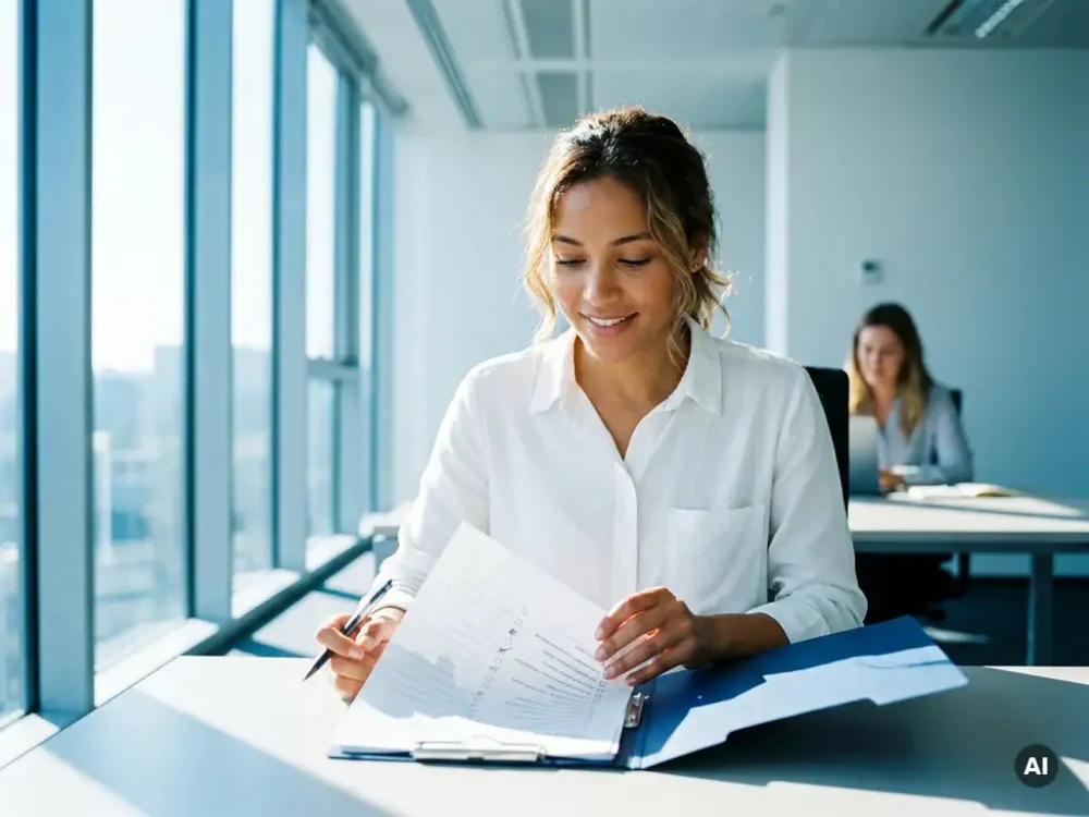 HR professional in white blouse reviewing a document checklist at a sunlit modern desk with floor-to-ceiling windows.