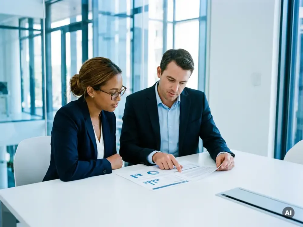 HR professional in navy attire reviewing a structured document with a male colleague in a bright, modern office.