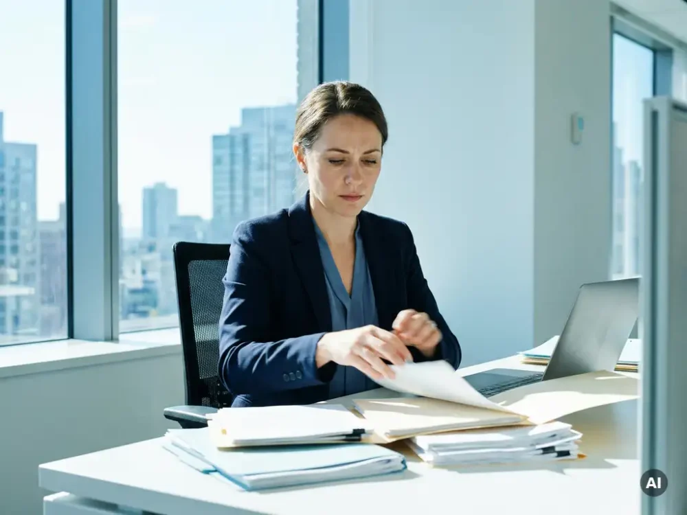 HR professional reviewing documents and folders at a modern office desk with natural daylight and an open laptop nearby.