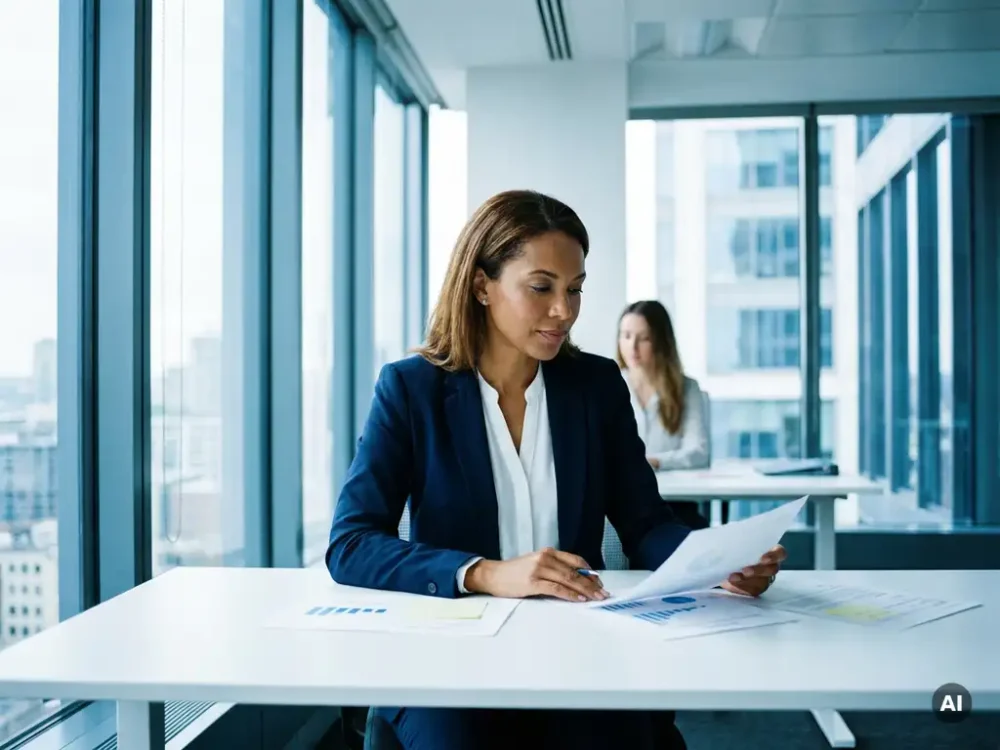 HR professional in navy attire reviewing documents at a modern office desk, natural daylight streaming through floor-to-ceiling windows.