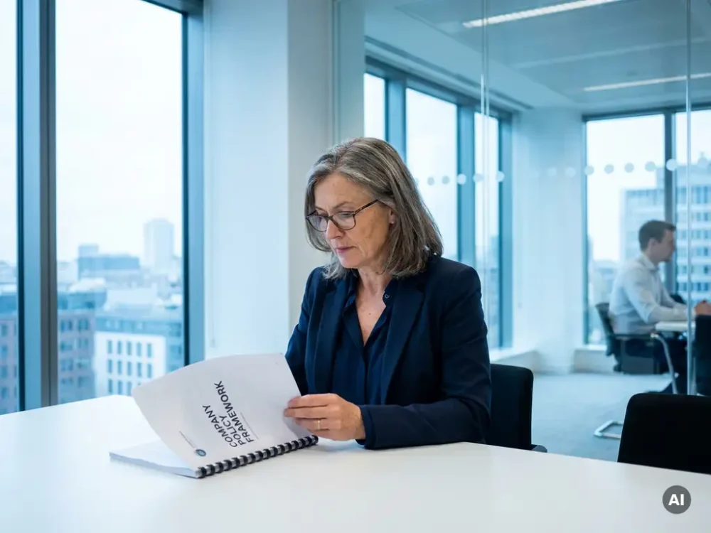 Senior HR professional in navy attire reviewing a policy document at a white desk in a bright, modern office with floor-to-ceiling windows.