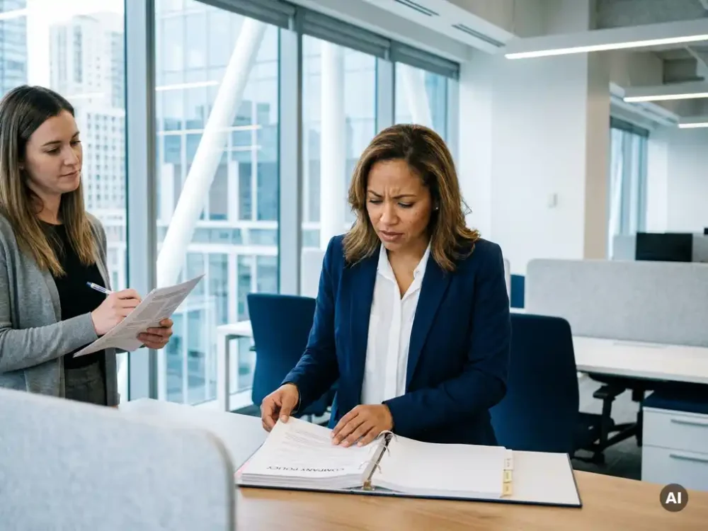 HR professional in navy attire reviewing a policy document at a modern office desk while a colleague annotates printed pages nearby.