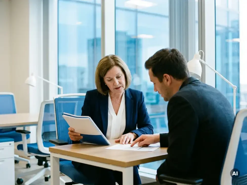 Senior HR professional in navy attire reviewing a policy document with a colleague at a bright, modern office desk flooded with natural light.