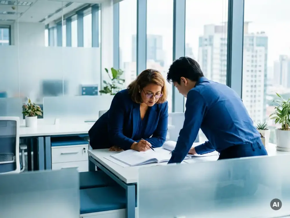 HR professional in blue attire reviewing an accountability document with a colleague at a modern office desk by floor-to-ceiling windows.