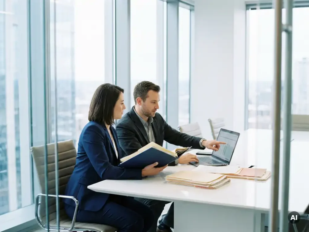 Two HR professionals in business attire reviewing policy documents and a laptop at a white conference table near floor-to-ceiling windows.