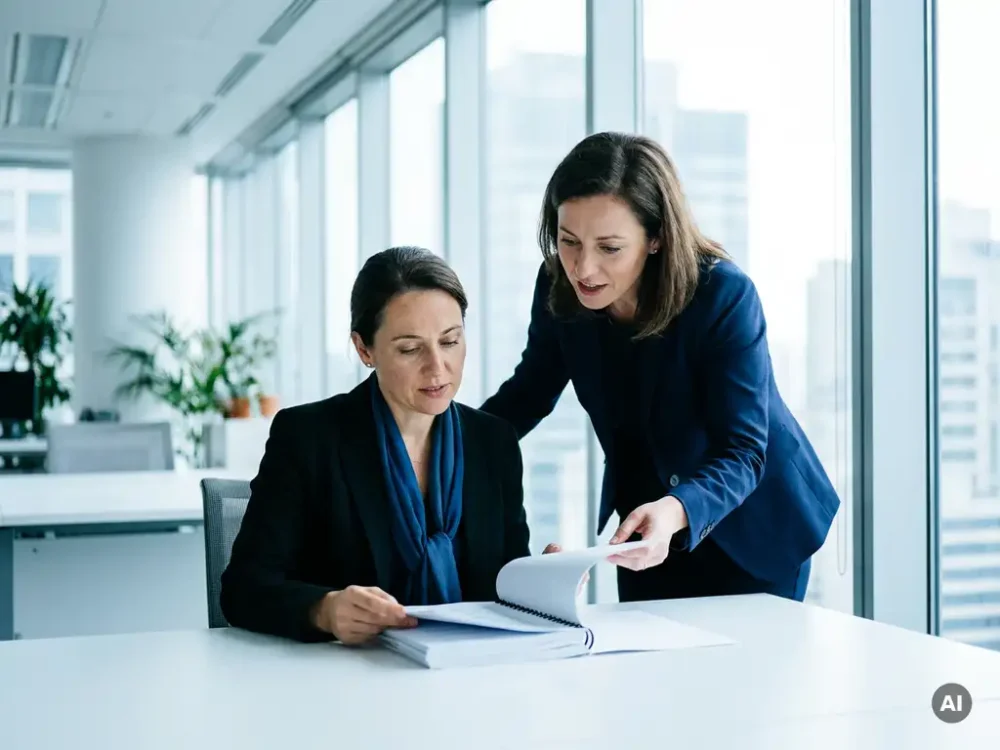 Two professionals reviewing a structured document at a white desk in a bright modern office with floor-to-ceiling windows.