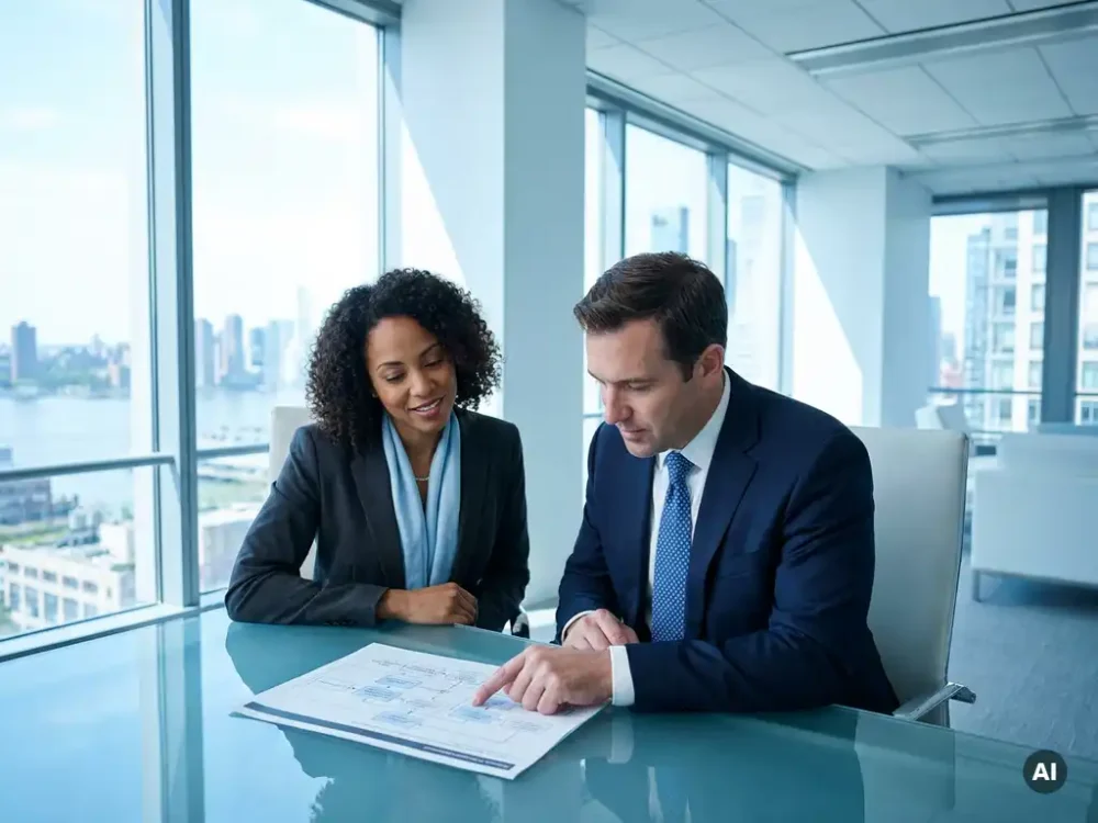 Two professionals reviewing a printed framework document at a glass conference table in a modern sunlit office.