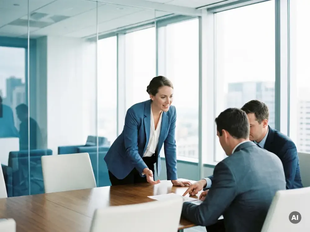 Senior HR professional leaning forward at a glass-walled boardroom table, engaging with two executives reviewing printed reports in natural daylight.