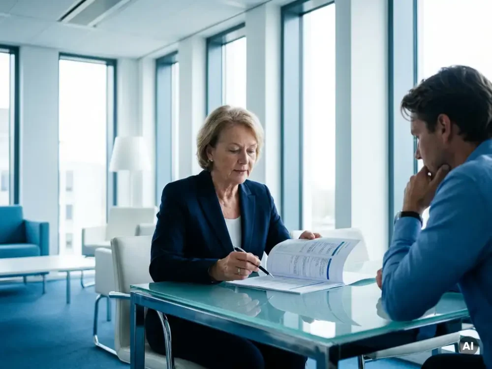 Senior HR professional in navy attire reviewing a structured document at a glass-walled modern office table with a colleague listening attentively.