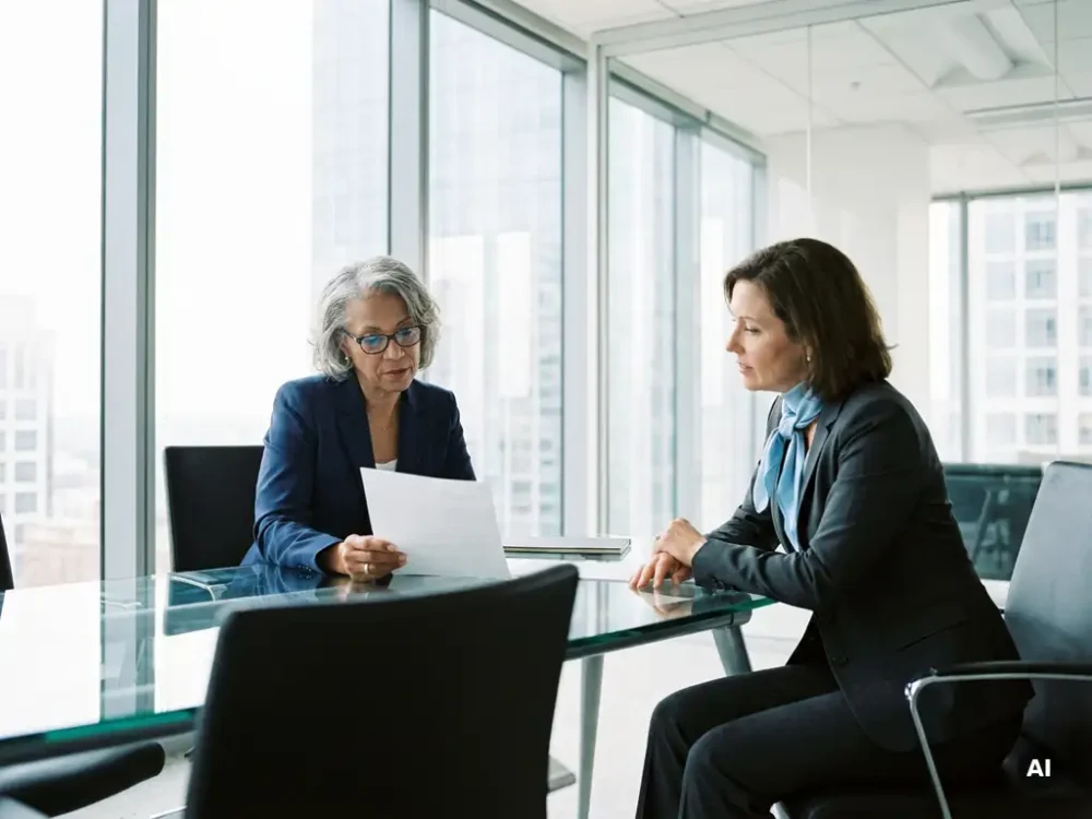Senior professional woman reviewing a policy document at a glass-walled boardroom table with a colleague in formal business attire.