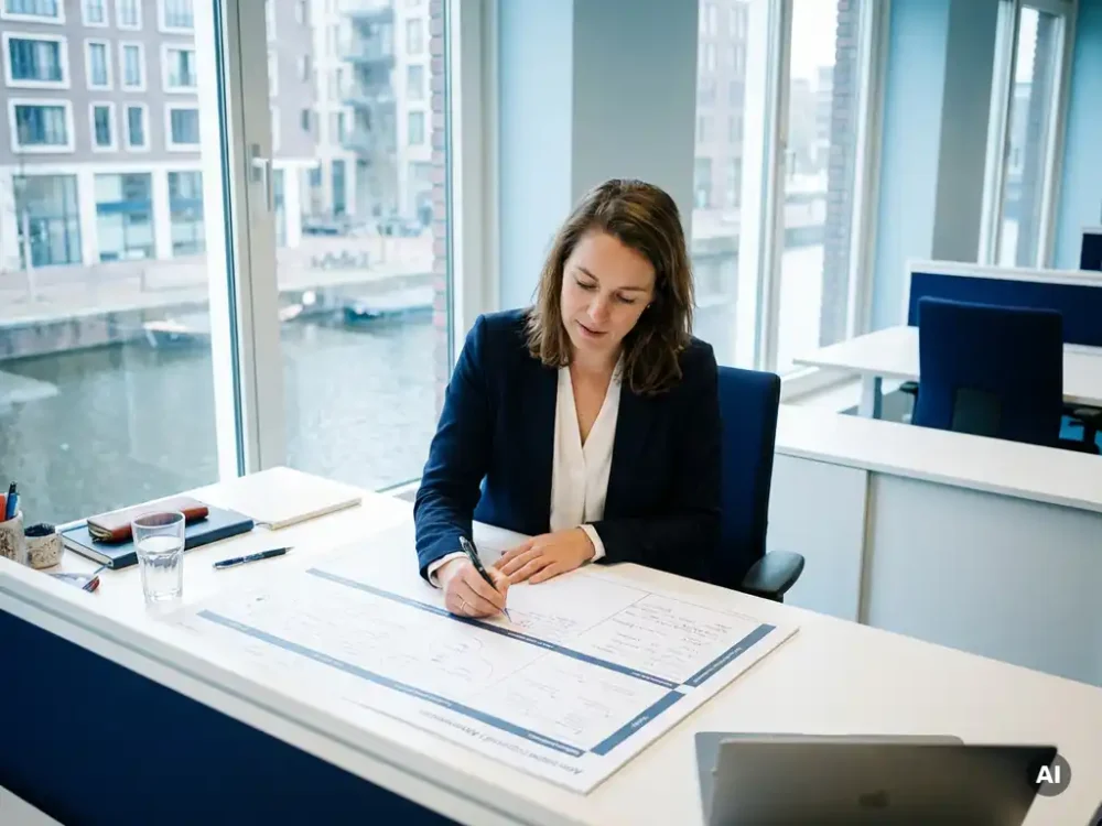 Woman annotating a structured document framework at a white desk in a modern Amsterdam office with floor-to-ceiling windows.